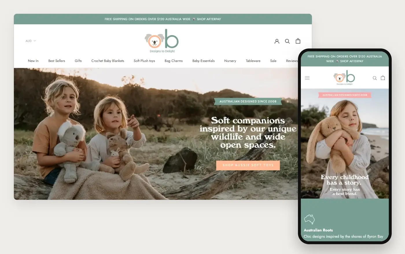 O.B. Designs' Shopify store homepage on desktop and mobile, captured on 11 October 2026