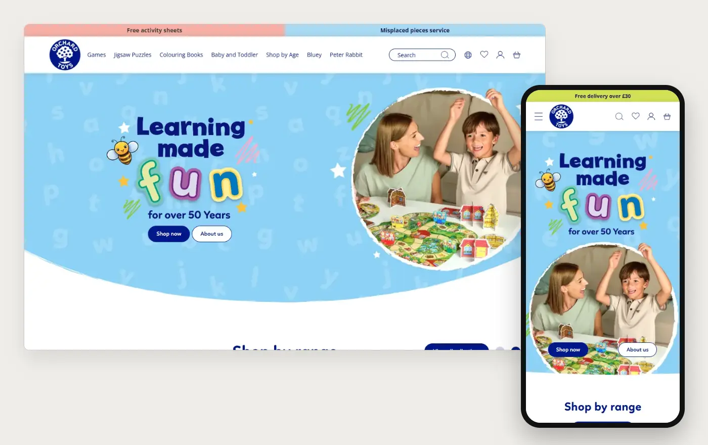 Orchard Toys' Shopify store homepage on desktop and mobile, captured on 11 October 2026