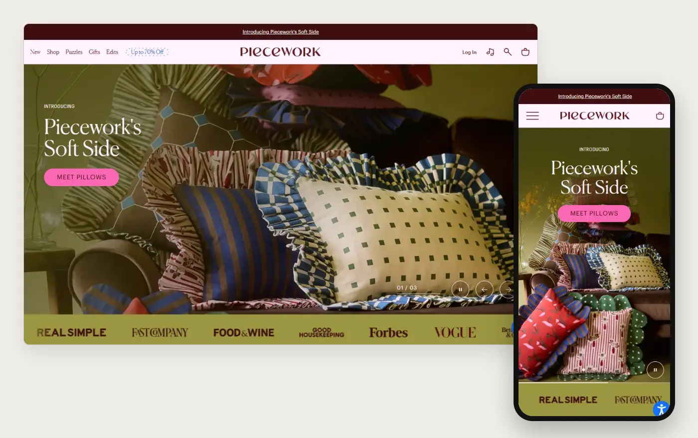 Piecework Puzzles' Shopify store homepage on desktop and mobile, captured on 11 October 2026