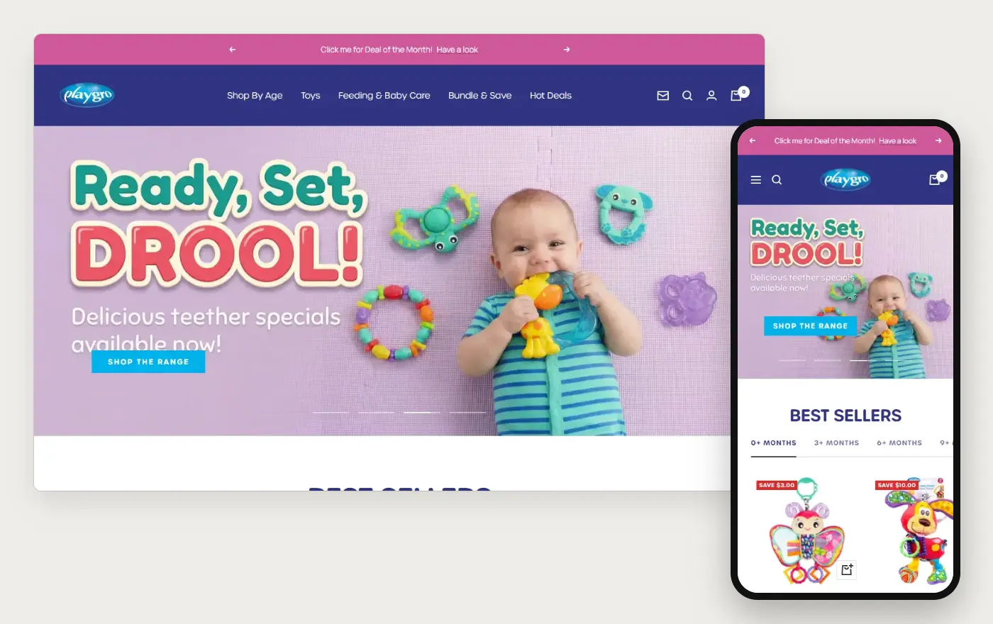 Playgro's Shopify store homepage on desktop and mobile, captured on 11 October 2026