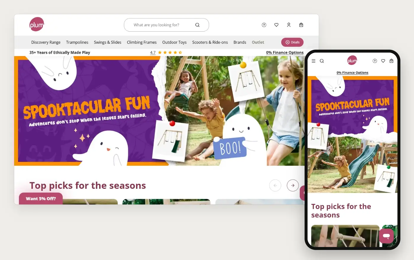 Plum Play's Shopify store homepage on desktop and mobile, captured on 11 October 2026