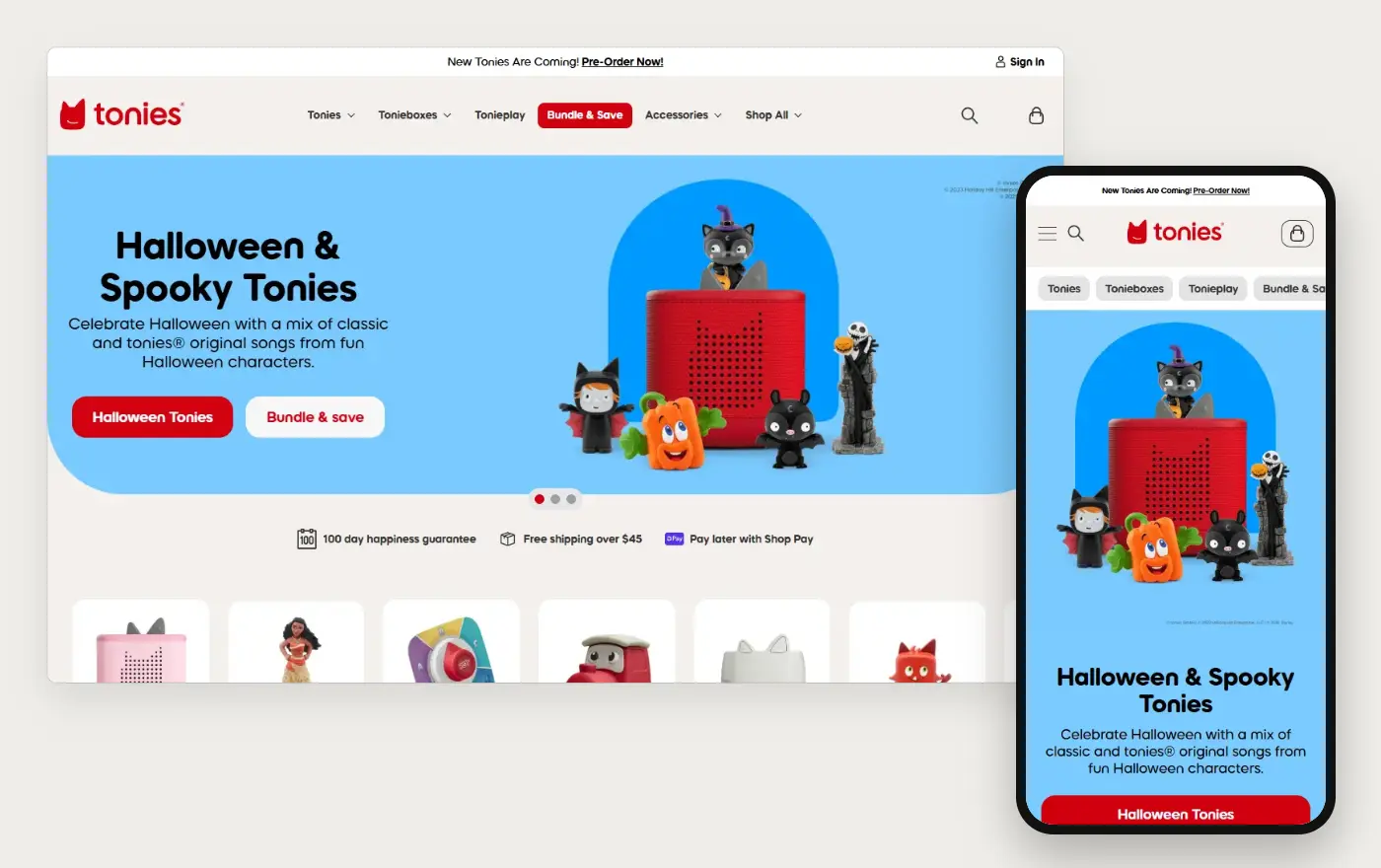 Tonies' Shopify store homepage on desktop and mobile, captured on 11 October 2026