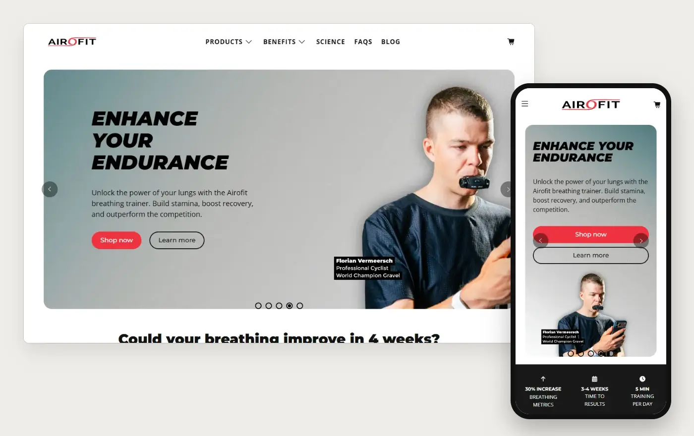 Desktop and phone views of Airofit's Shopify homepage, 19 October 2026