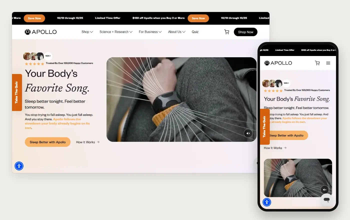 Desktop and phone views of Apollo Neuro's Shopify homepage, 19 October 2026