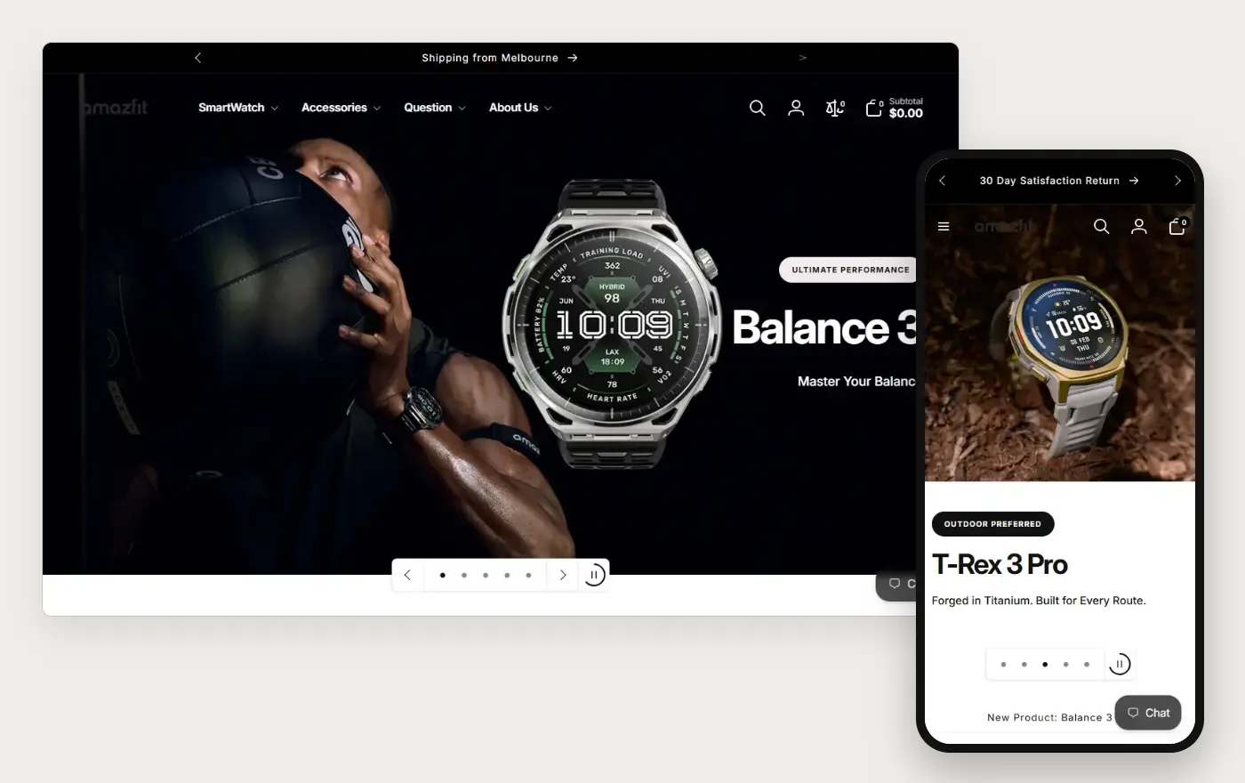 Desktop and phone views of Amazfit's Shopify homepage, 19 October 2026