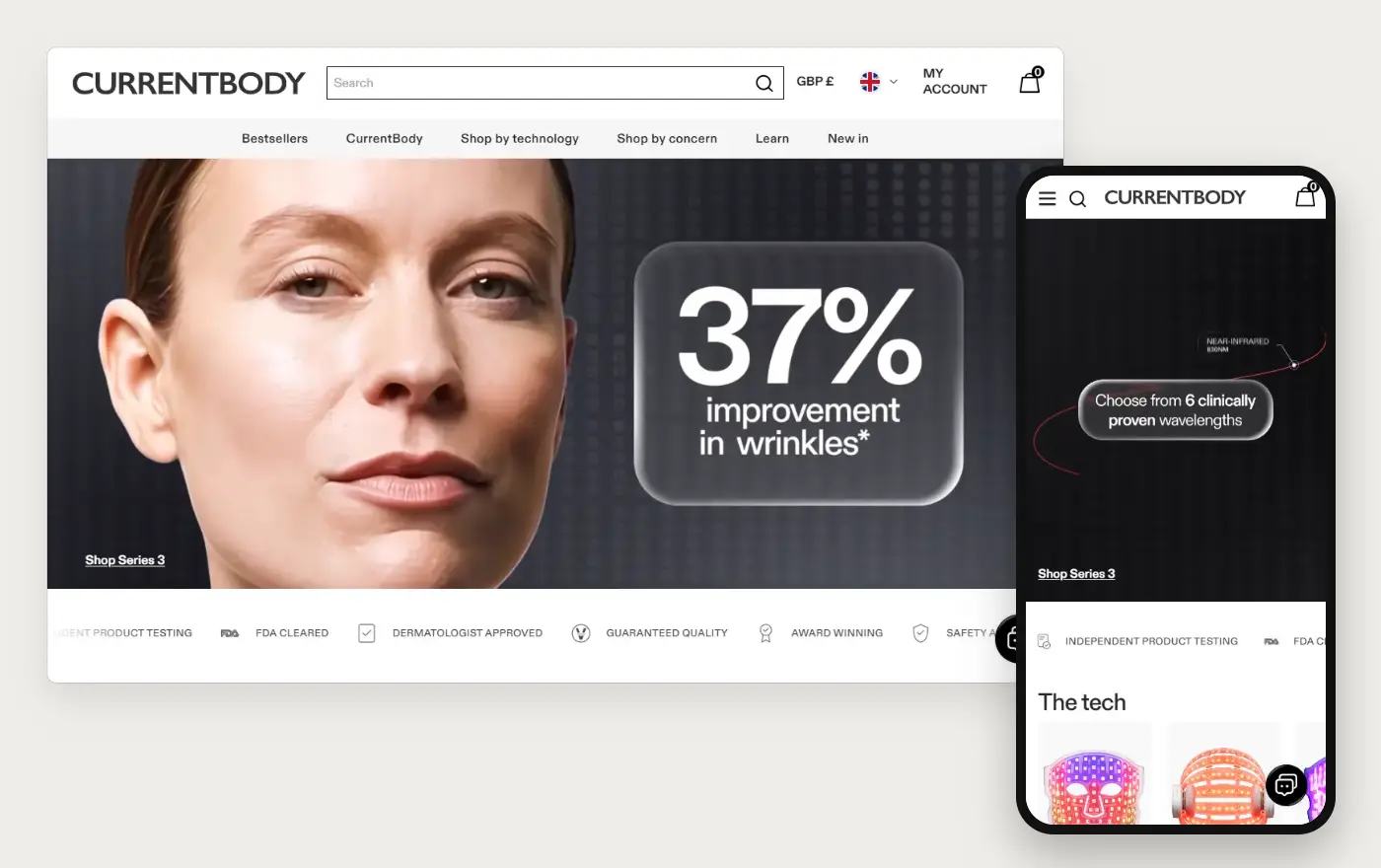 Desktop and phone views of CurrentBody's Shopify homepage, 19 October 2026