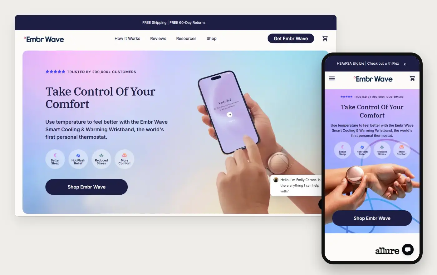 Desktop and phone views of Embr Labs' Shopify homepage, 19 October 2026