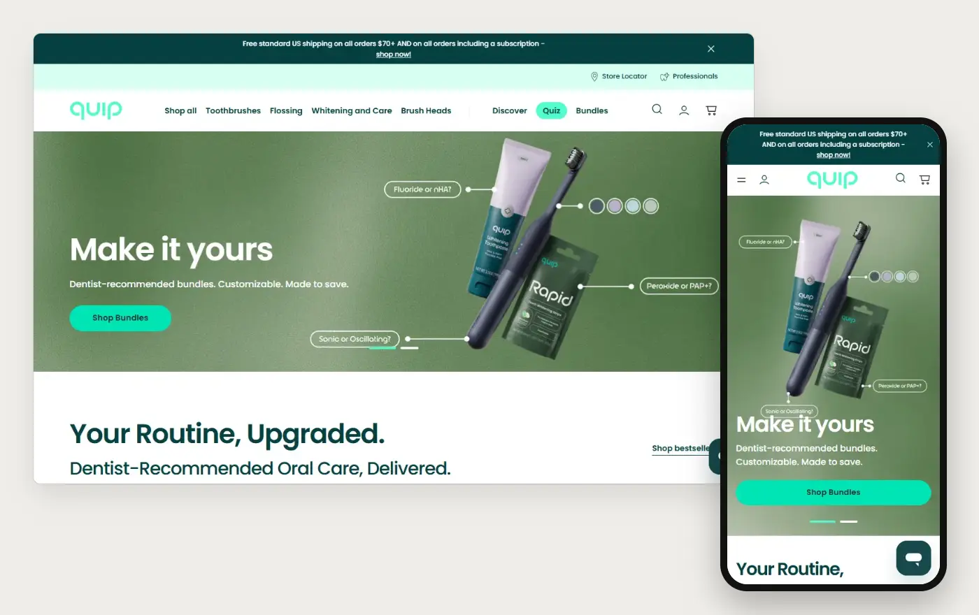 Desktop and phone views of Quip's Shopify homepage, 19 October 2026