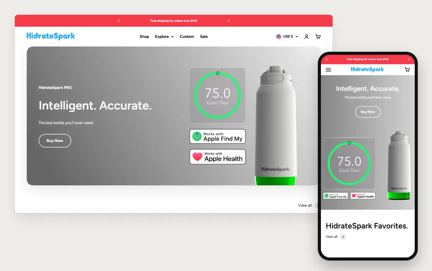 Desktop and phone views of HidrateSpark's Shopify homepage, 19 October 2026