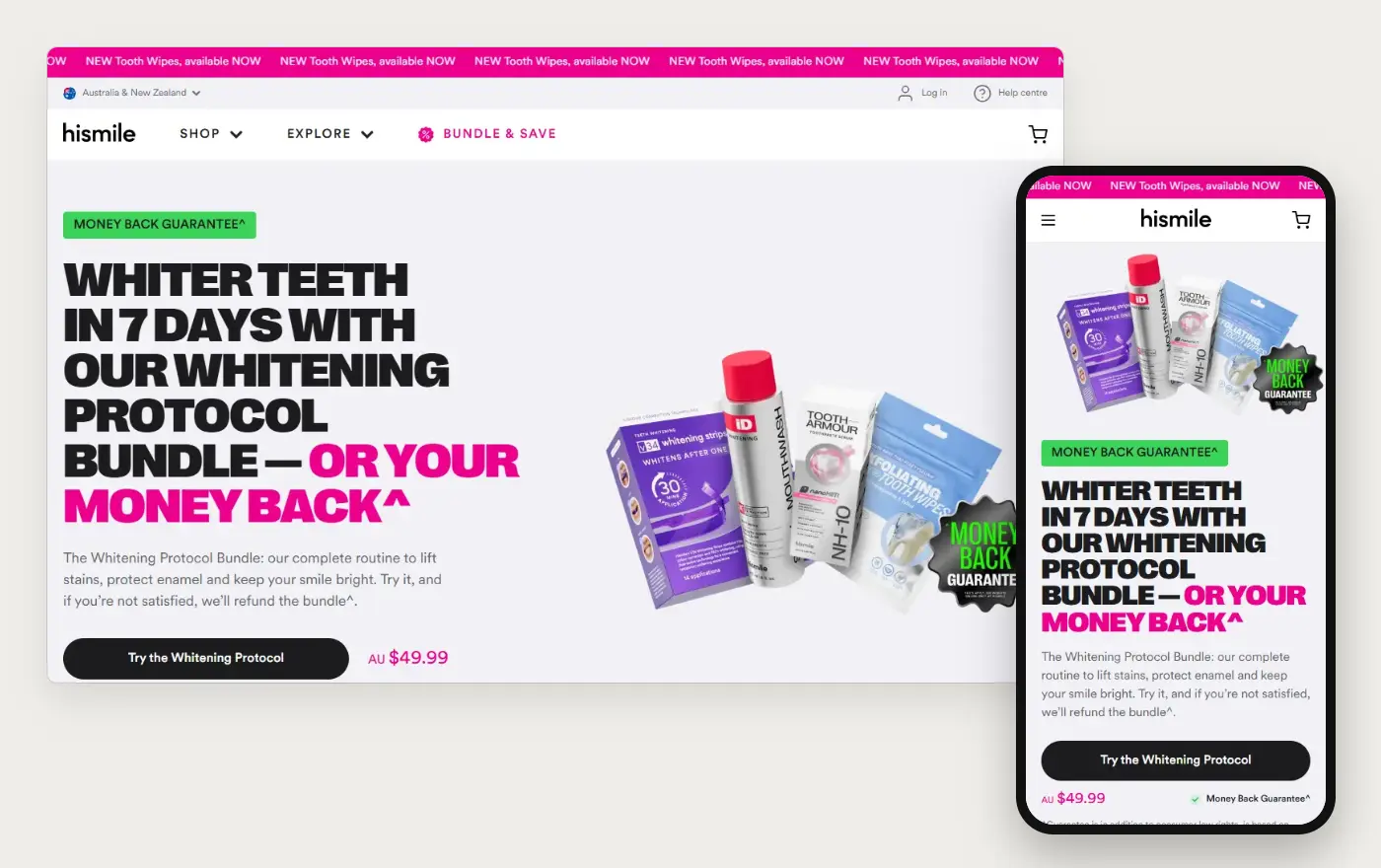 Desktop and phone views of Hismile's Shopify homepage, 19 October 2026