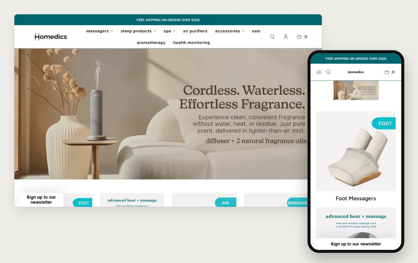 Desktop and phone views of HoMedics' Shopify homepage, 19 October 2026