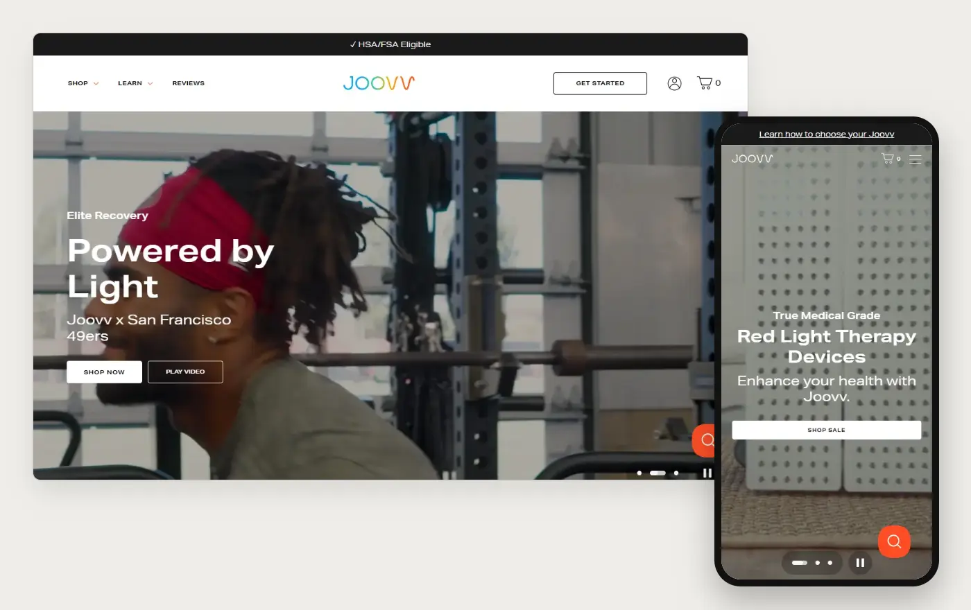 Desktop and phone views of Joovv's Shopify homepage, 19 October 2026