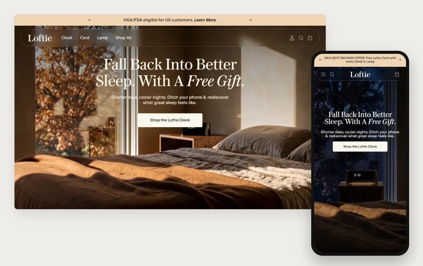 Desktop and phone views of Loftie's Shopify homepage, 19 October 2026