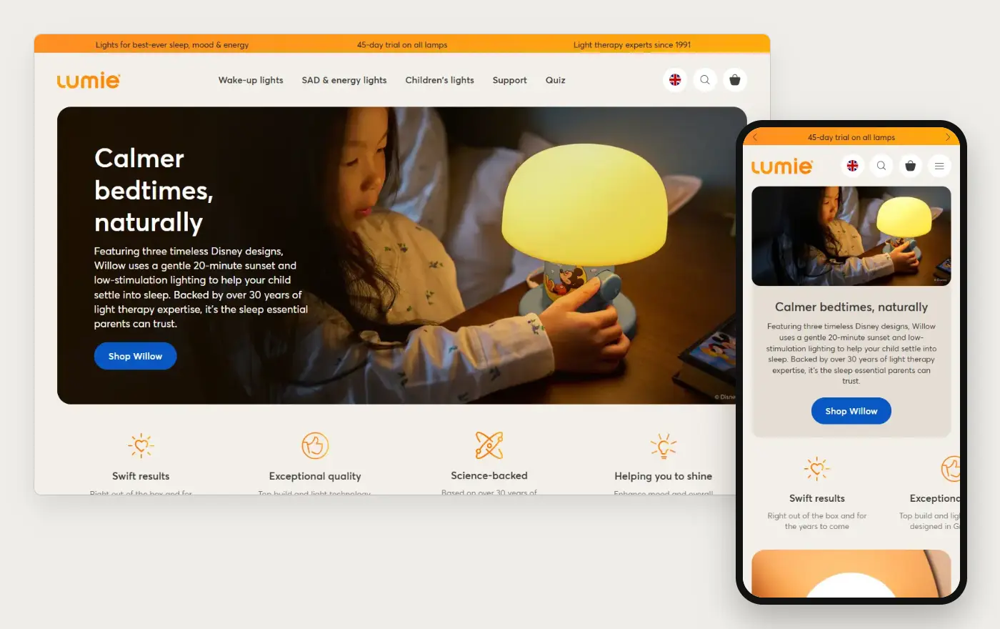Desktop and phone views of Lumie's Shopify homepage, 19 October 2026