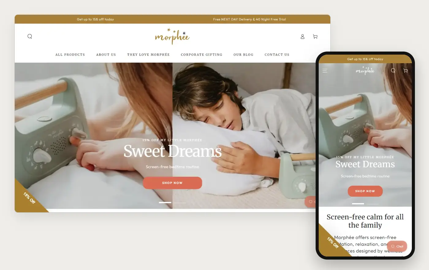 Desktop and phone views of Morphée's Shopify homepage, 19 October 2026