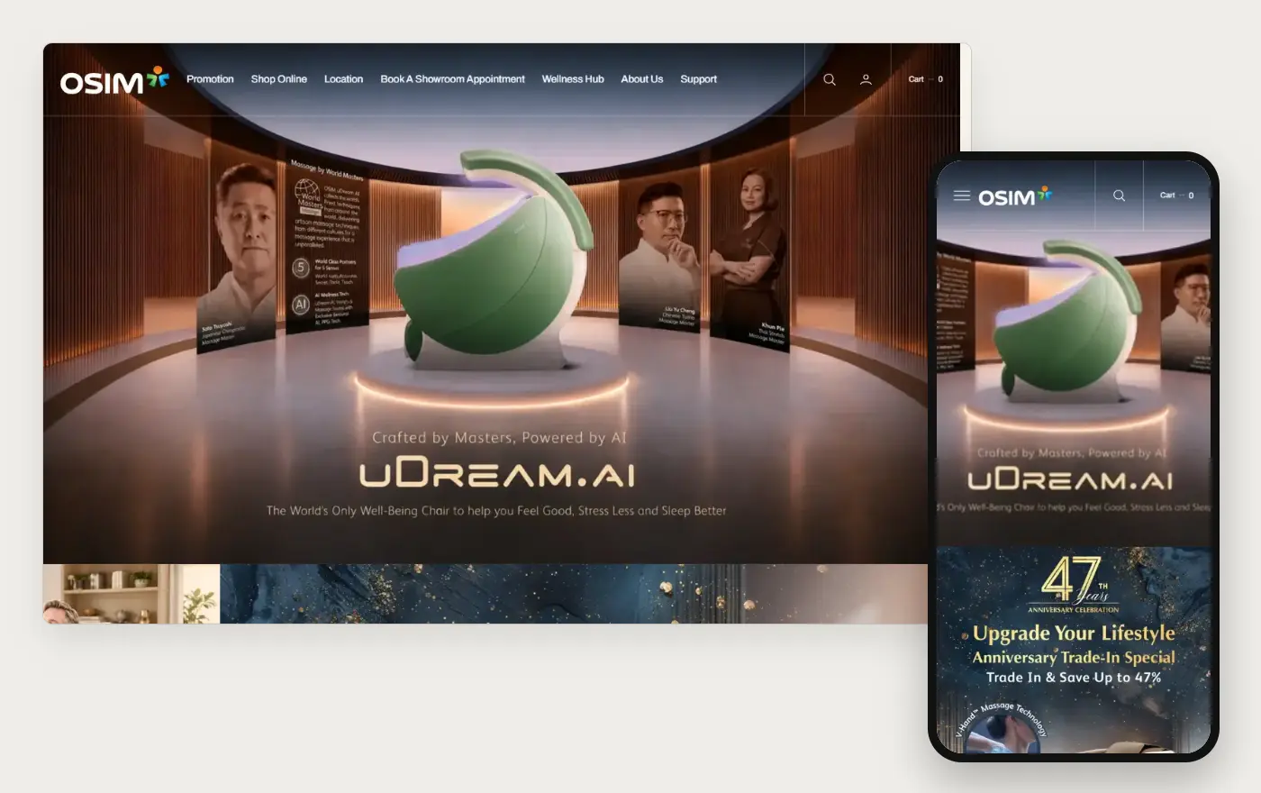 Desktop and phone views of OSIM's Shopify homepage, 19 October 2026