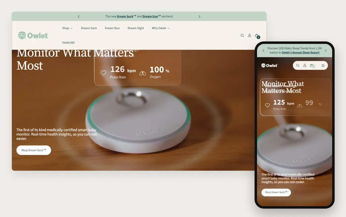 Desktop and phone views of Owlet's Shopify homepage, 19 October 2026