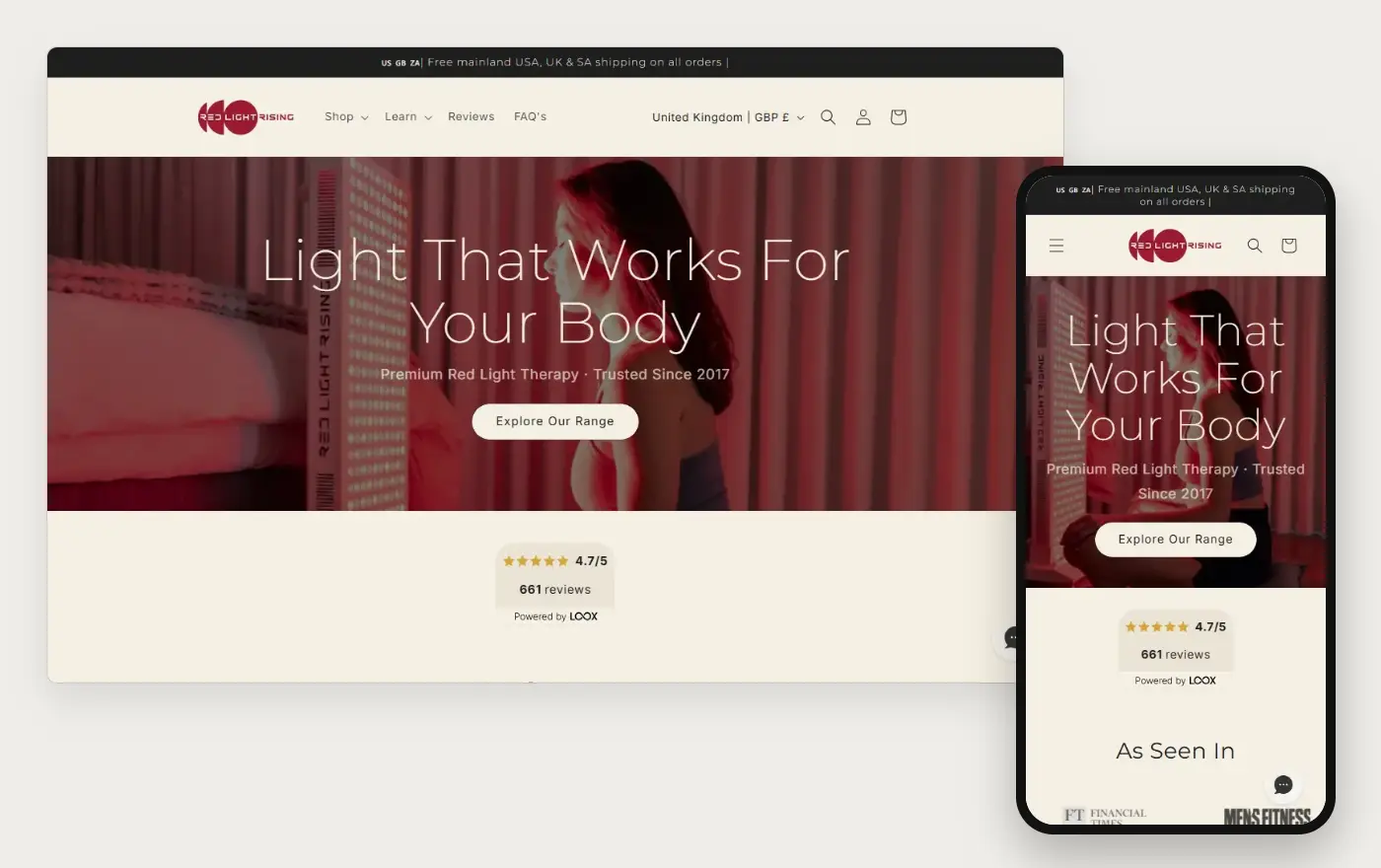 Desktop and phone views of Red Light Rising's Shopify homepage, 19 October 2026