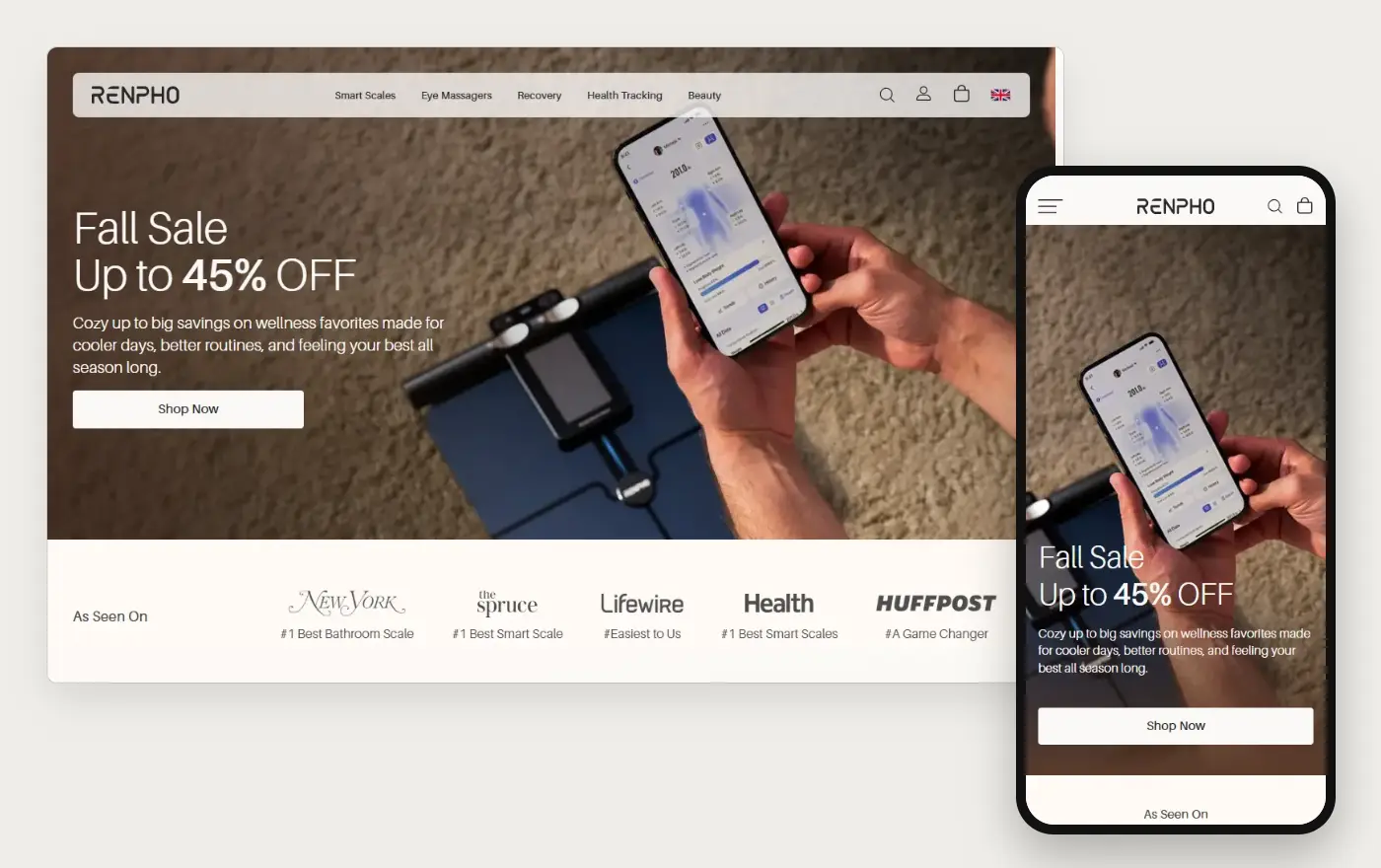 Desktop and phone views of Renpho's Shopify homepage, 19 October 2026