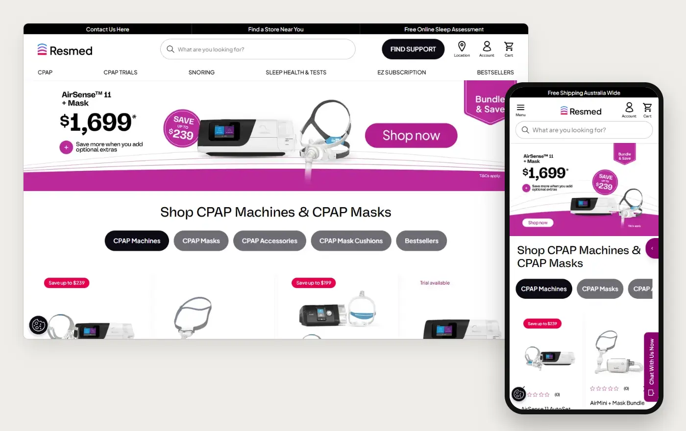 Desktop and phone views of ResMed's Shopify homepage, 19 October 2026
