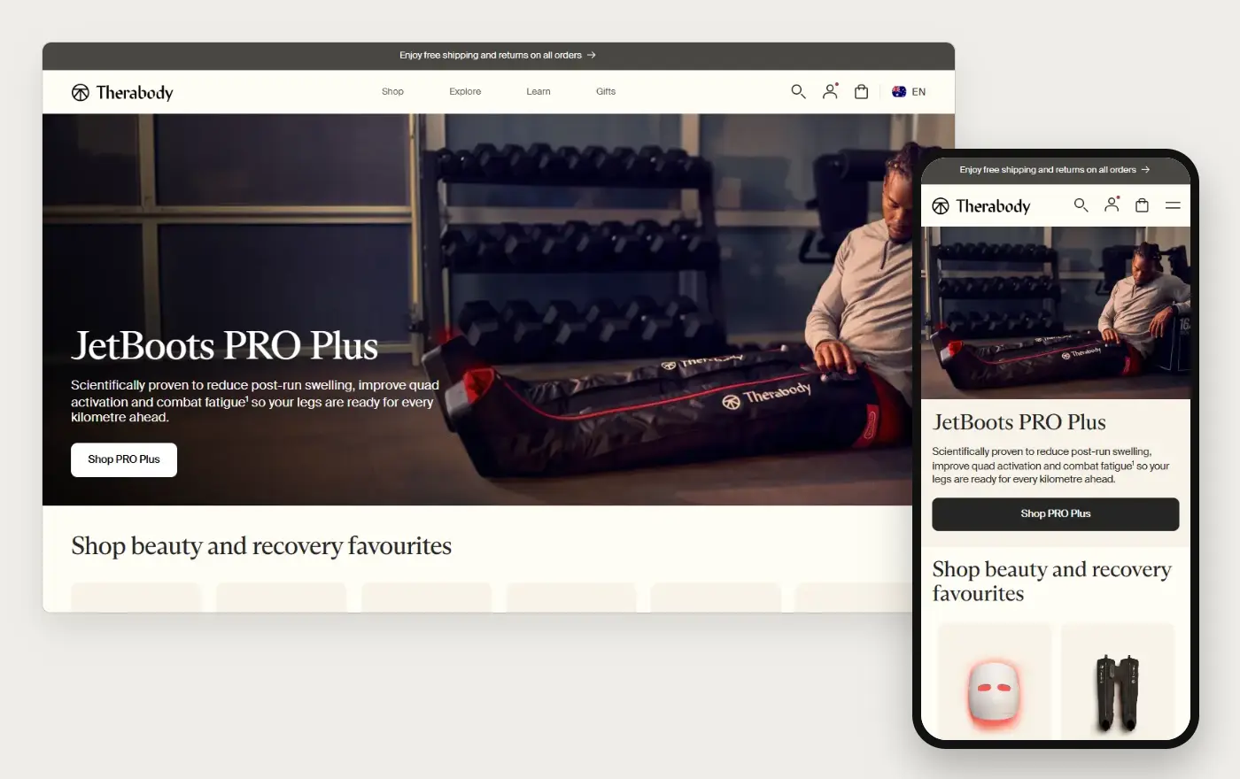 Desktop and phone views of Therabody's Shopify homepage, 19 October 2026