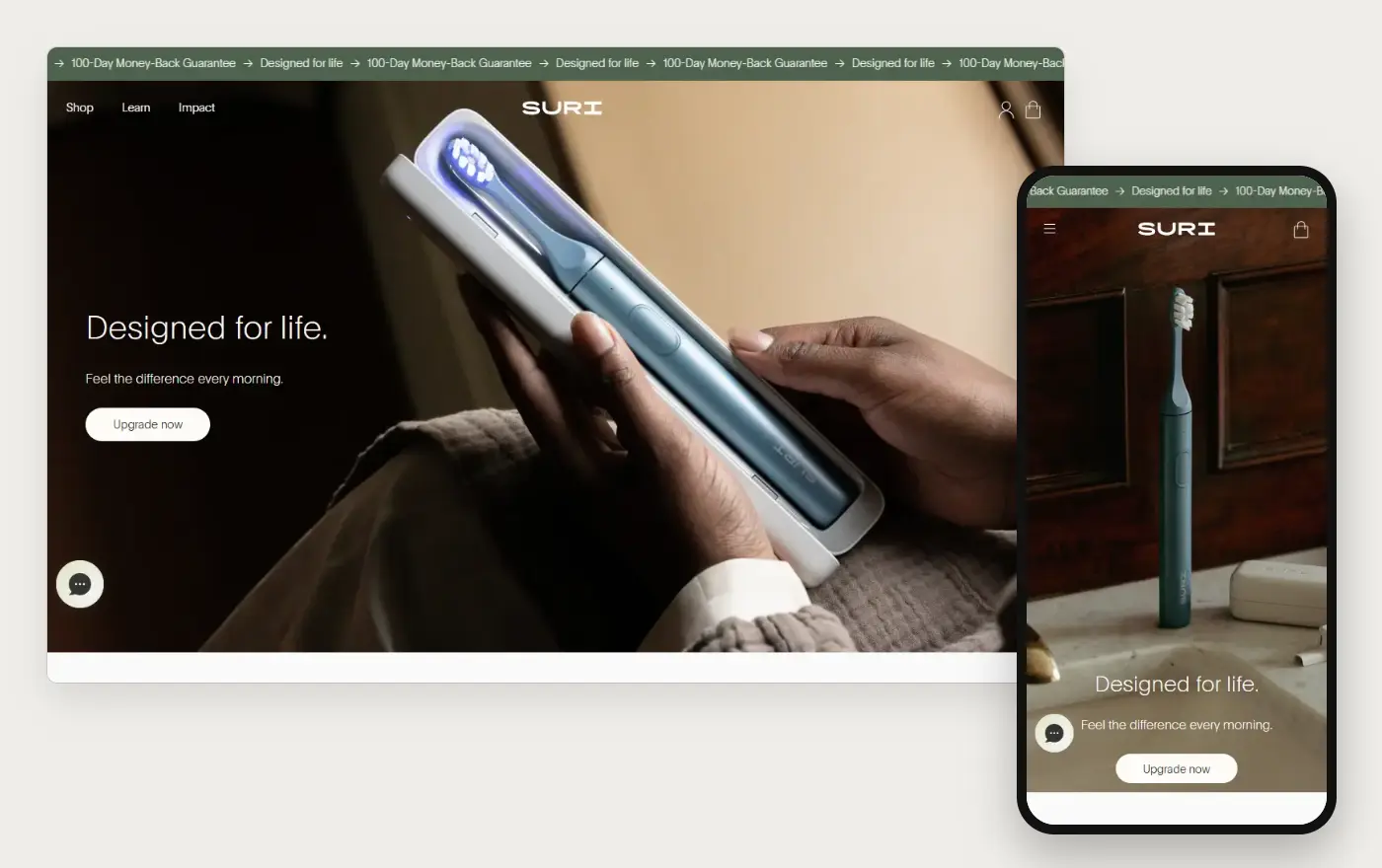 Desktop and phone views of Suri's Shopify homepage, 19 October 2026