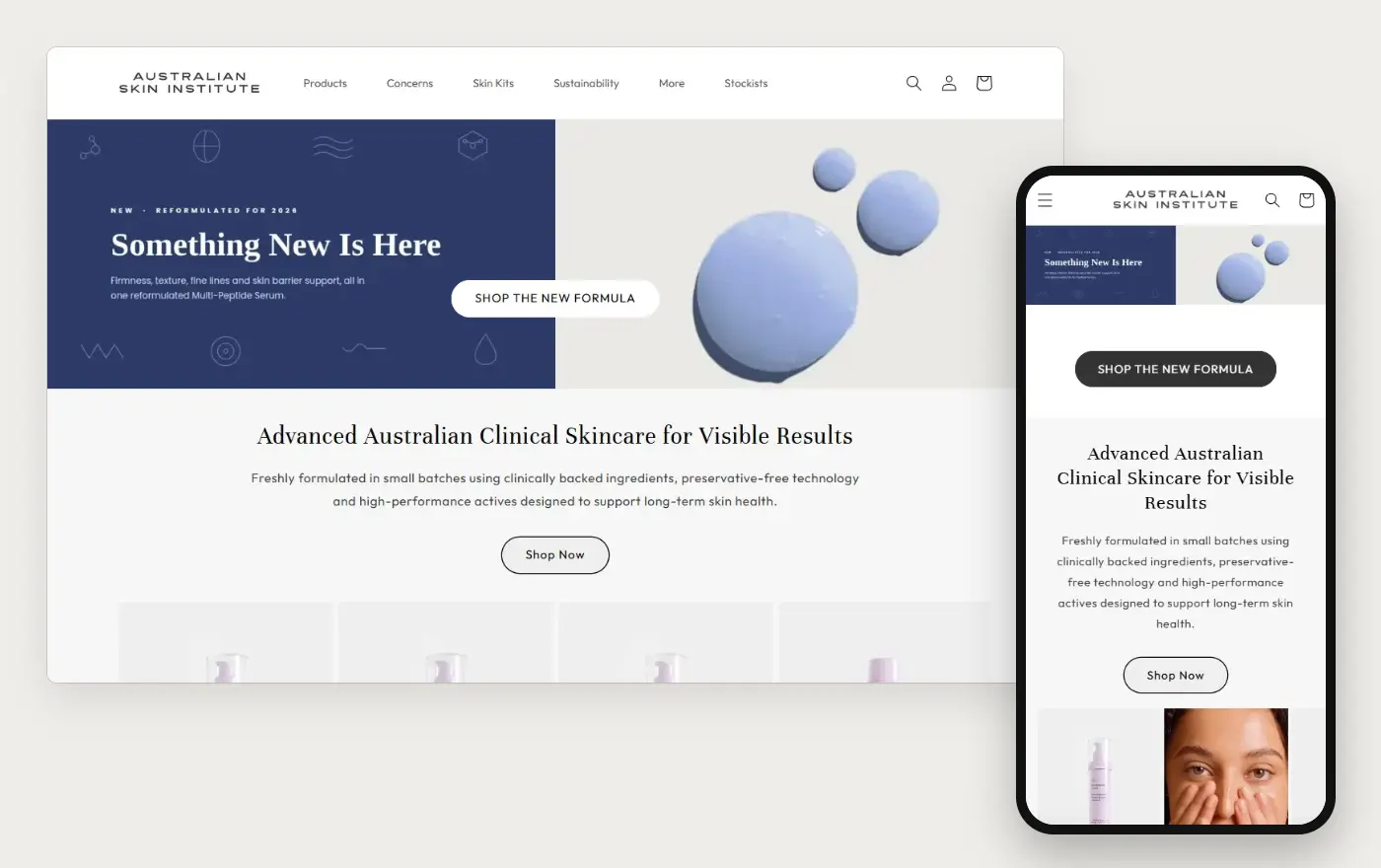 Australian Skin Institute's Shopify store homepage on desktop and mobile, captured on 10 October 2026