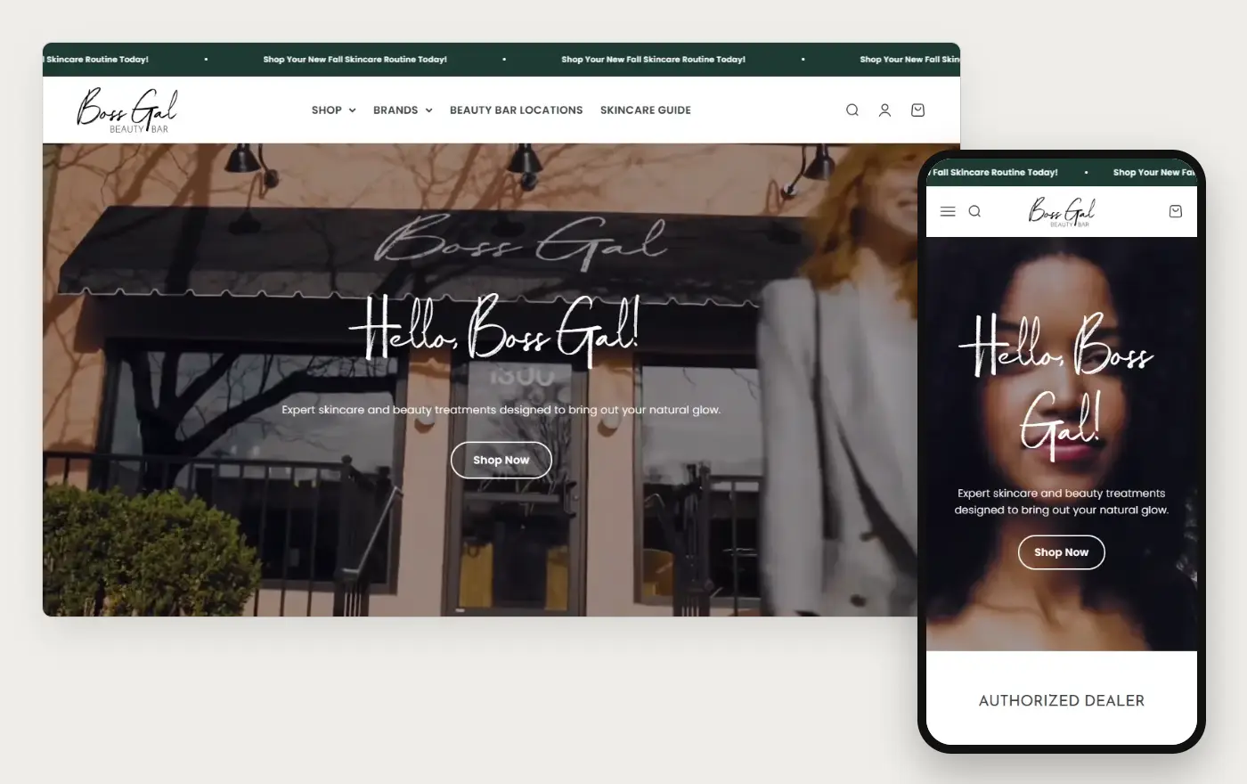 Boss Gal Beauty Bar's Shopify store homepage on desktop and mobile, captured on 10 October 2026