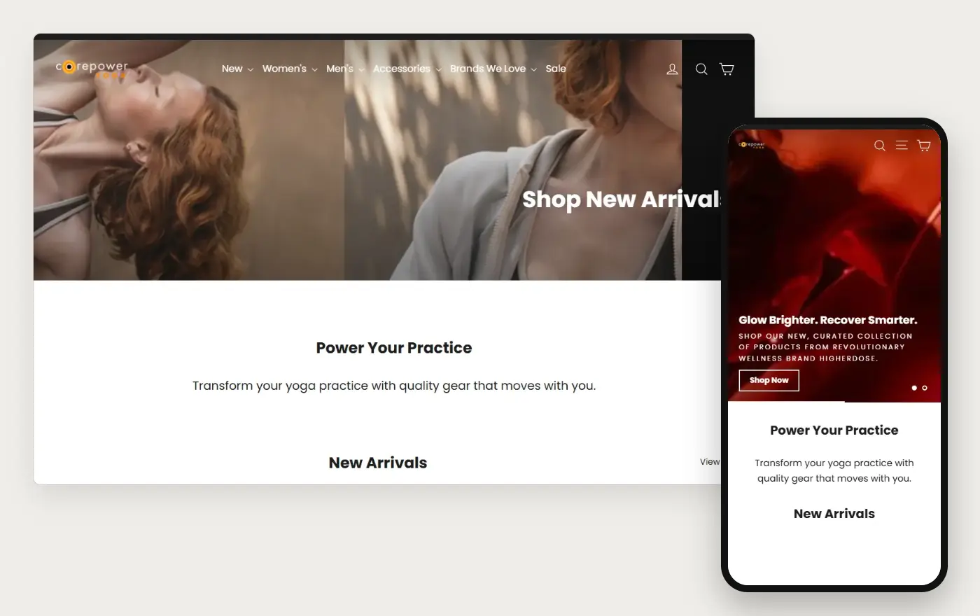 CorePower Yoga's Shopify store homepage on desktop and mobile, captured on 10 October 2026