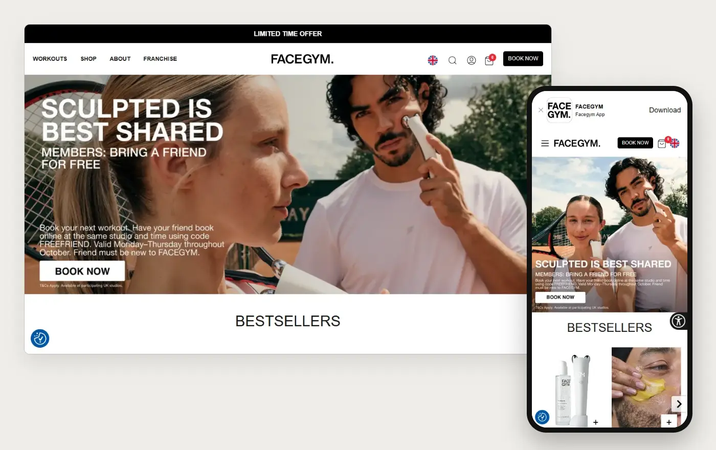 FaceGym's Shopify store homepage on desktop and mobile, captured on 10 October 2026