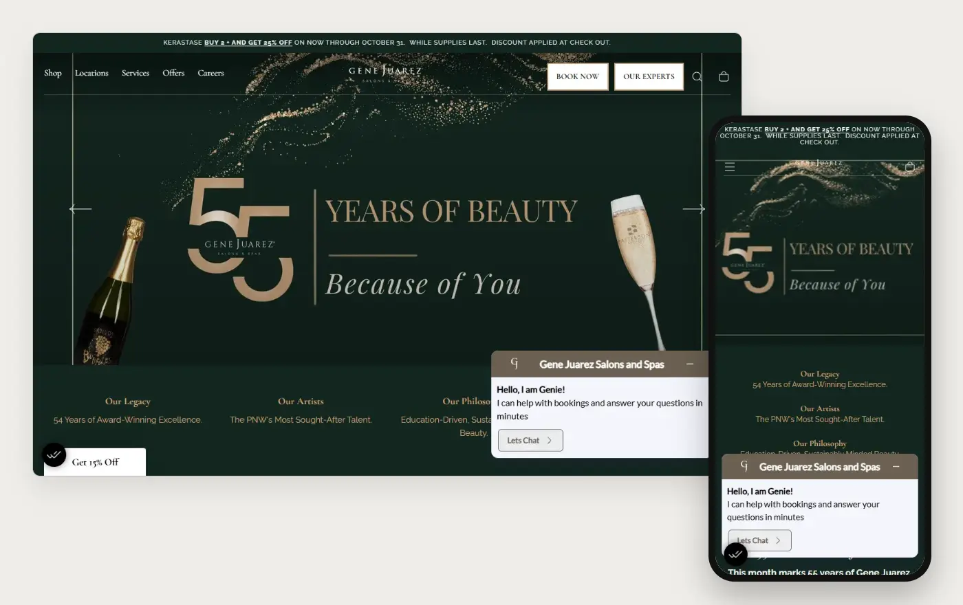 Gene Juarez's Shopify store homepage on desktop and mobile, captured on 10 October 2026