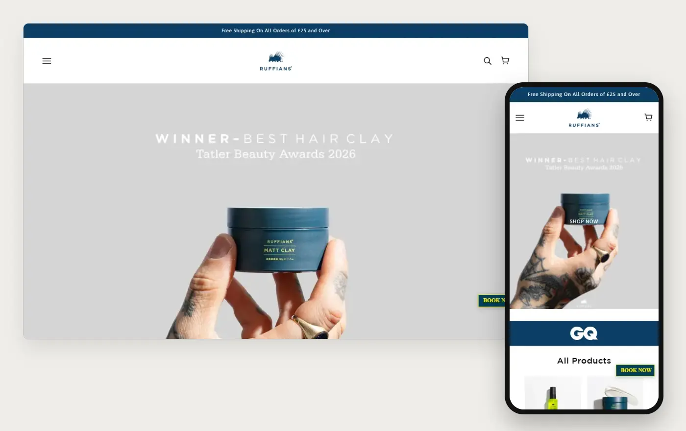 Ruffians' Shopify store homepage on desktop and mobile, captured on 10 October 2026