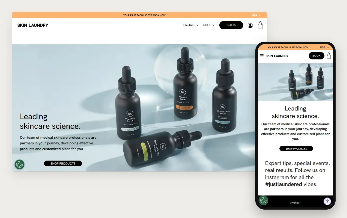 Skin Laundry's Shopify store homepage on desktop and mobile, captured on 10 October 2026