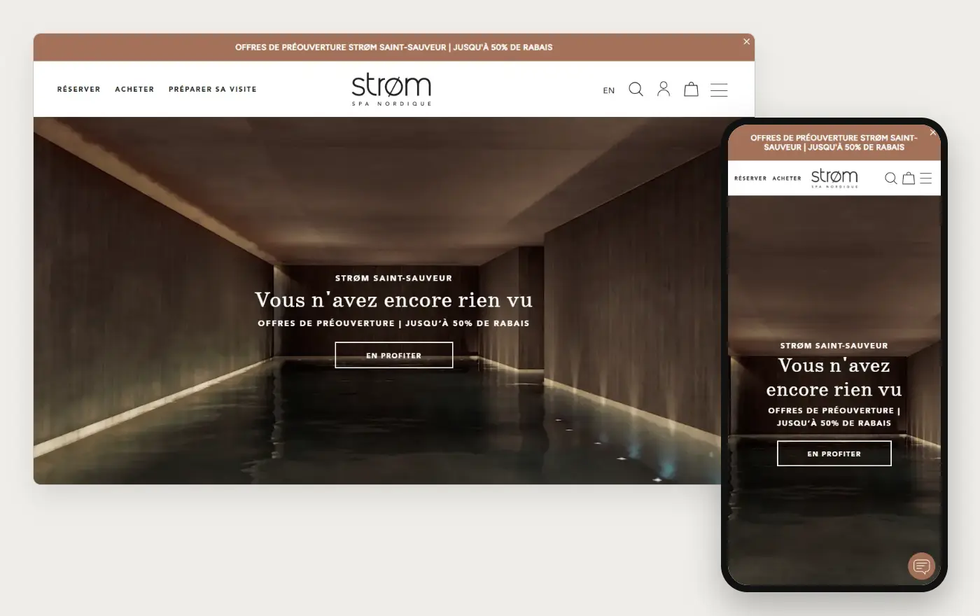 Strøm Spa Nordique's Shopify store homepage on desktop and mobile, captured on 10 October 2026