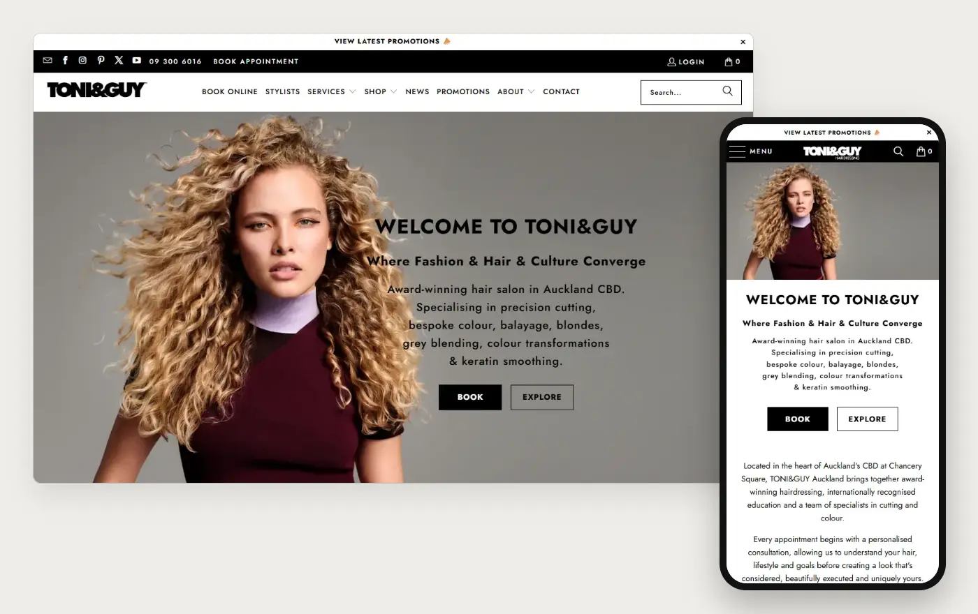 TONI and GUY New Zealand's Shopify store homepage on desktop and mobile, captured on 10 October 2026