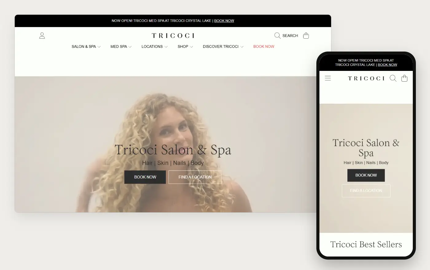 Tricoci Salon and Spa's Shopify store homepage on desktop and mobile, captured on 10 October 2026