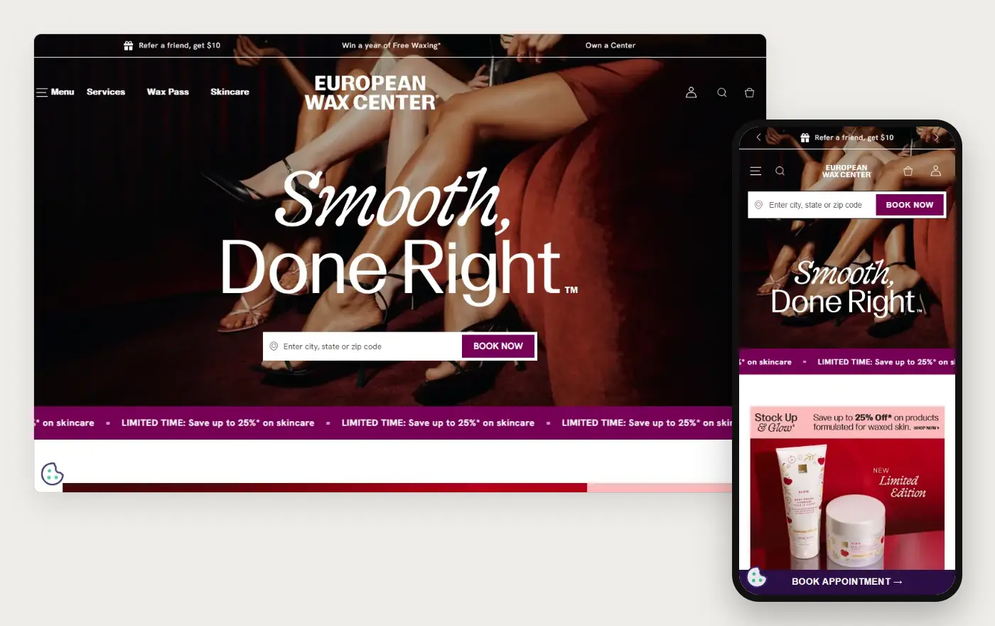 European Wax Center's Shopify store homepage on desktop and mobile, captured on 10 October 2026